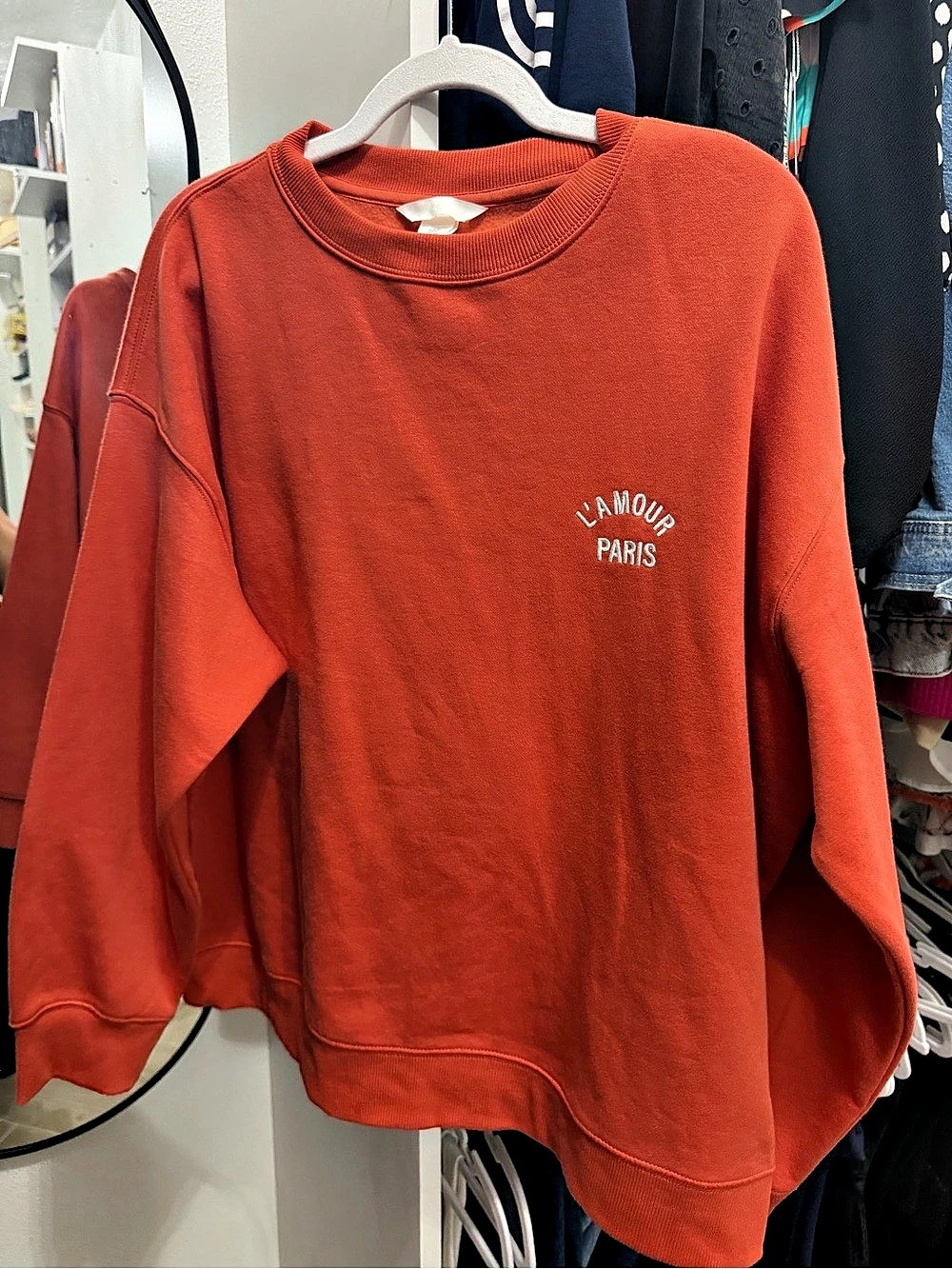 H&M XL Rust Orange L’Amour Paris Embroidered Crewneck Sweatshirt